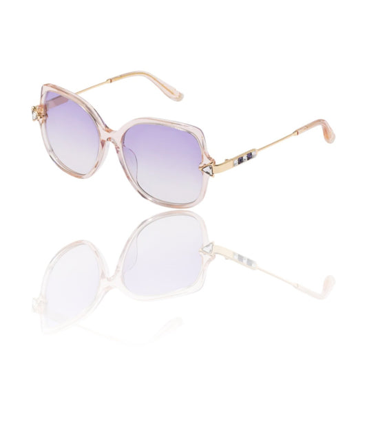 Sunglasses with gold frame and purple gradient lenses on a white background