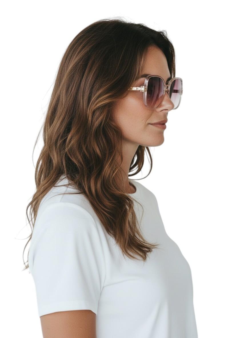 Woman wearing sunglasses and a white t-shirt on a white background