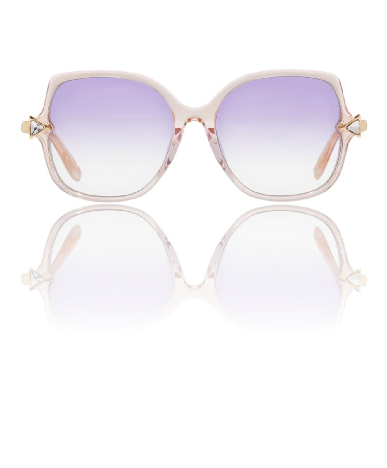 Sunglasses with purple gradient lenses and gold accents on a white background