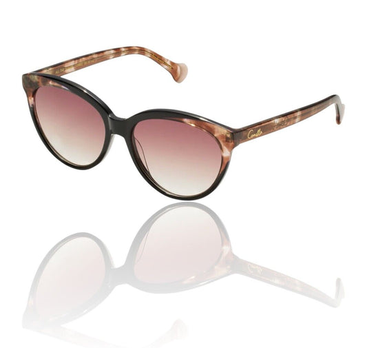 A pair of Camilla brand sunglasses with a cat eye shape, featuring a black and brown syrup shimmer acetate frame, with gradient lenses.