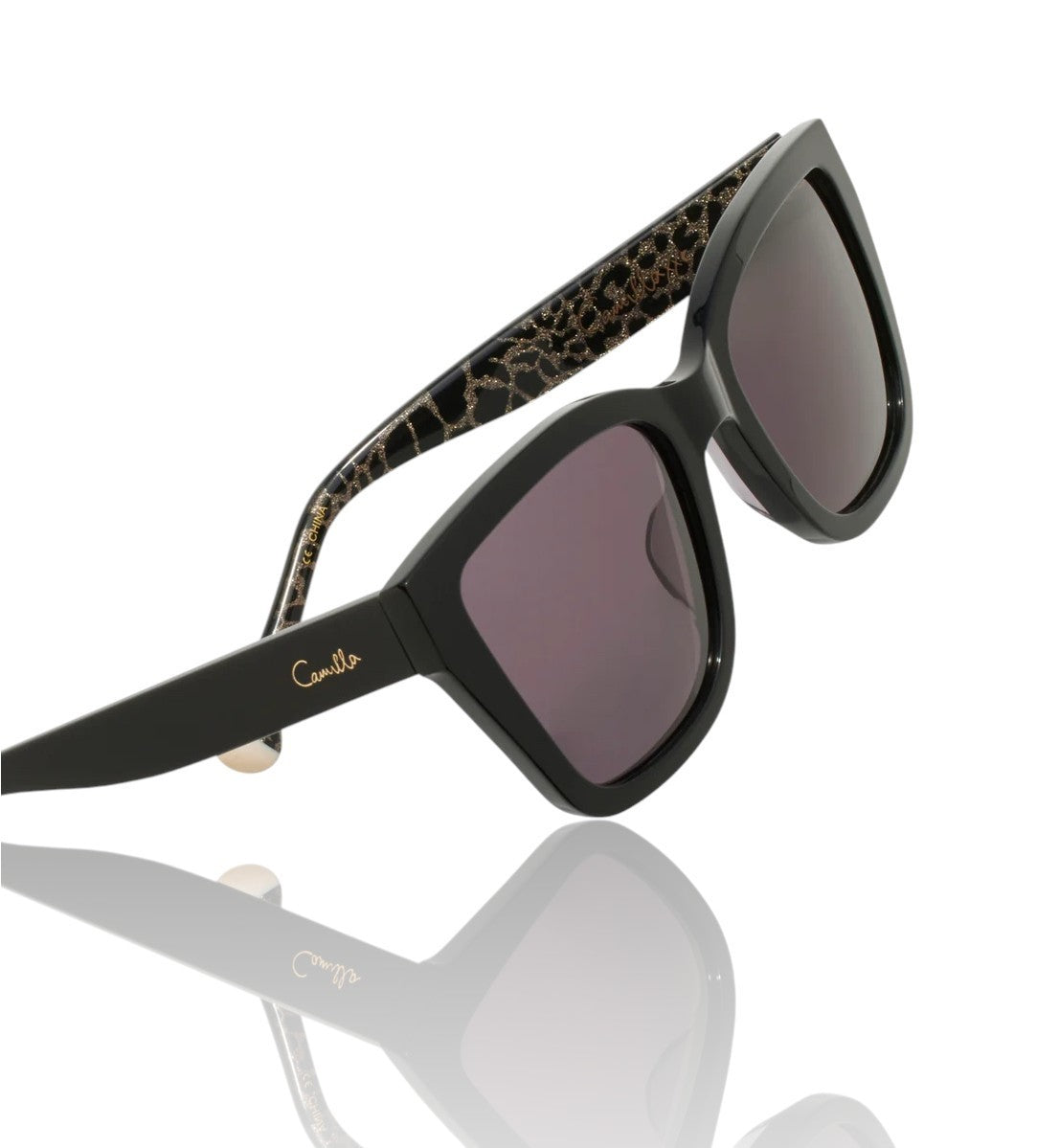 Sunglasses with black frame and leopard print arm on a white background