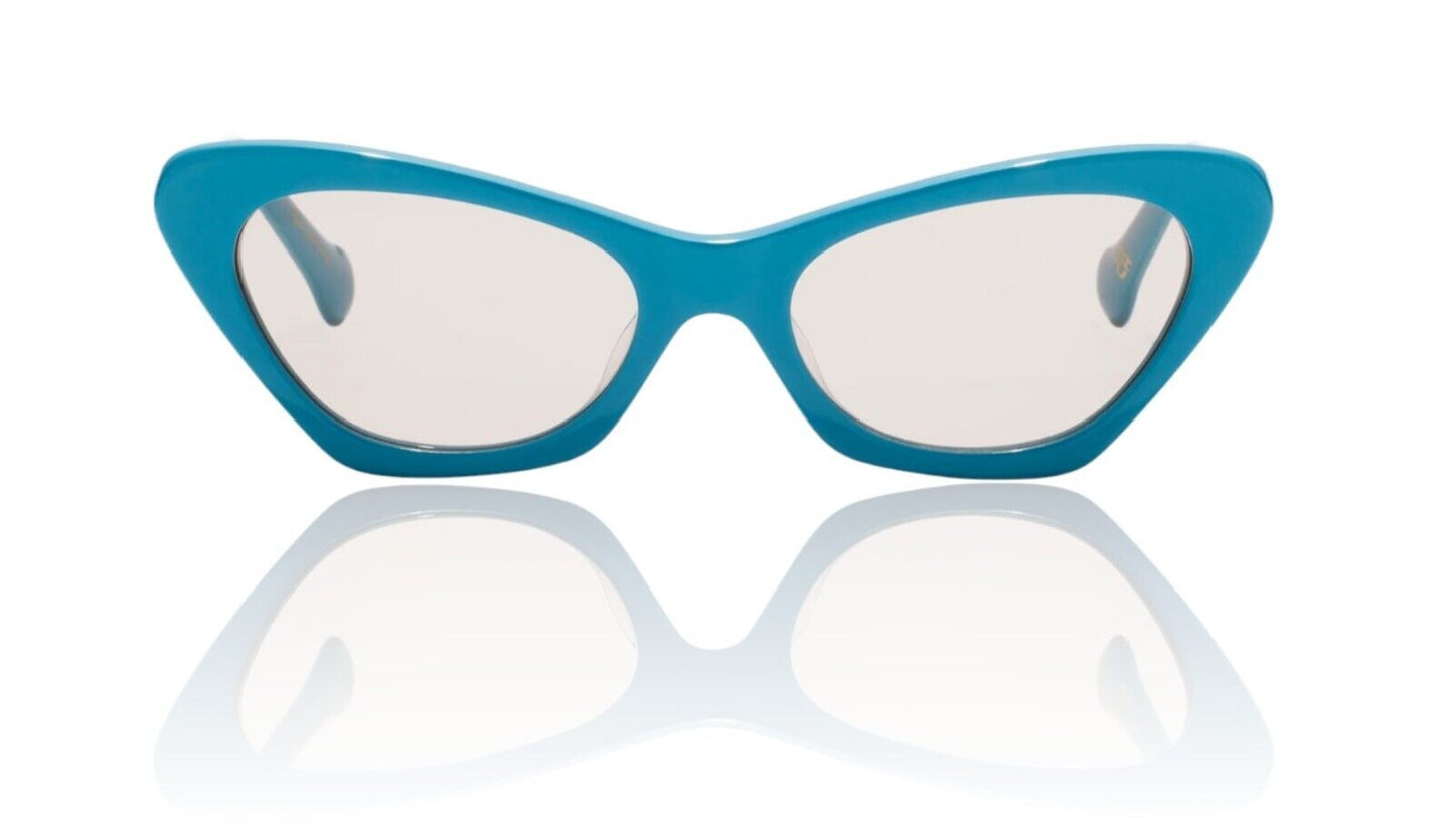 Turquoise blue cat-eye sunglasses with a vintage design, featuring a signature gold foil icon trio at the temples.