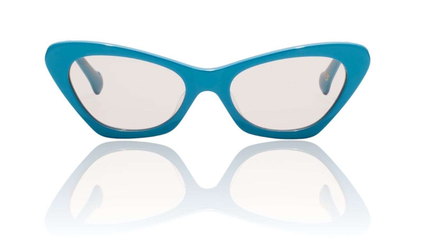 Turquoise blue cat-eye sunglasses with a vintage design, featuring a signature gold foil icon trio at the temples.