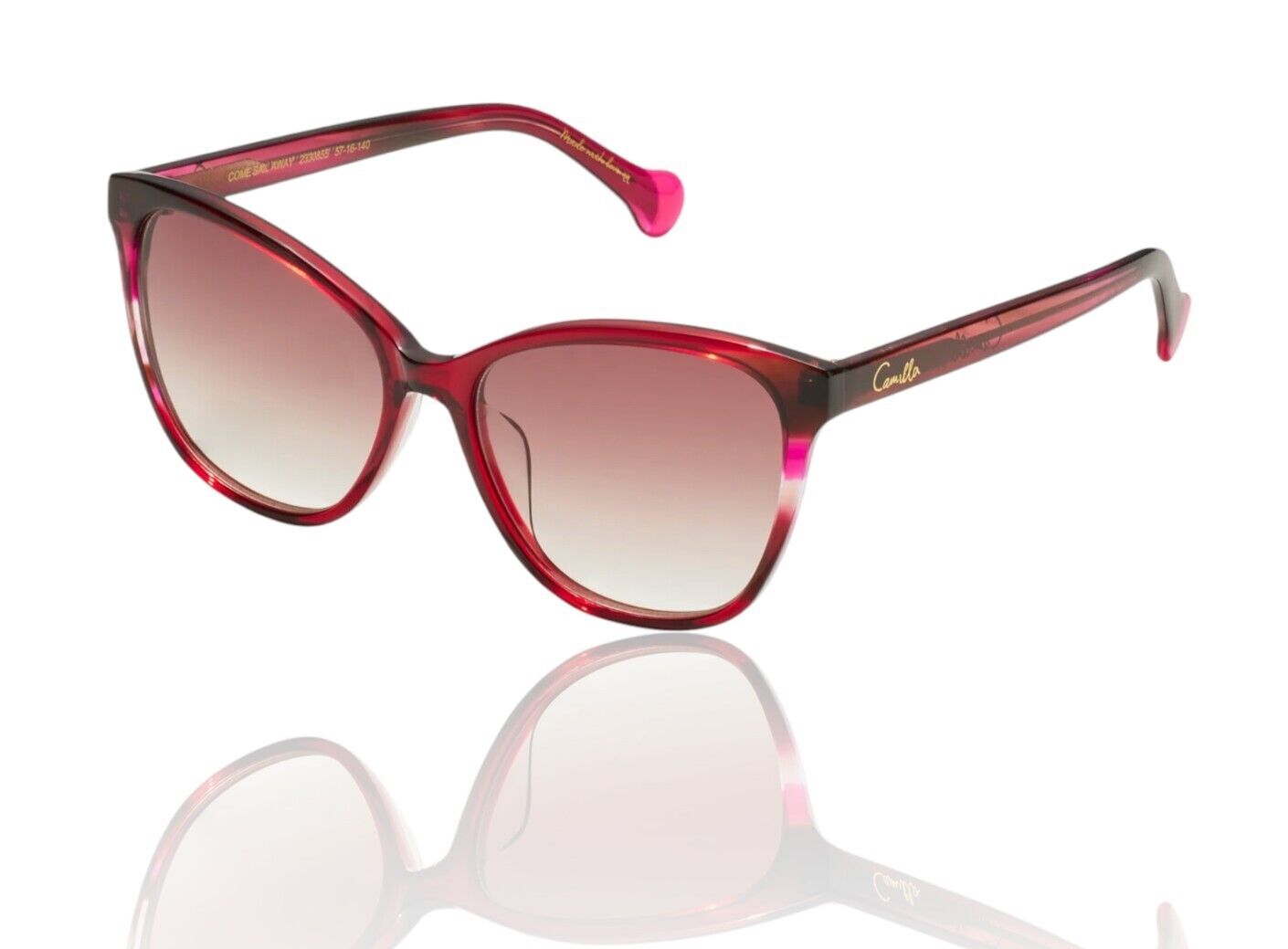 Red and pink acetate cat-eye sunglasses with gold foil finish and leopard-print arms.