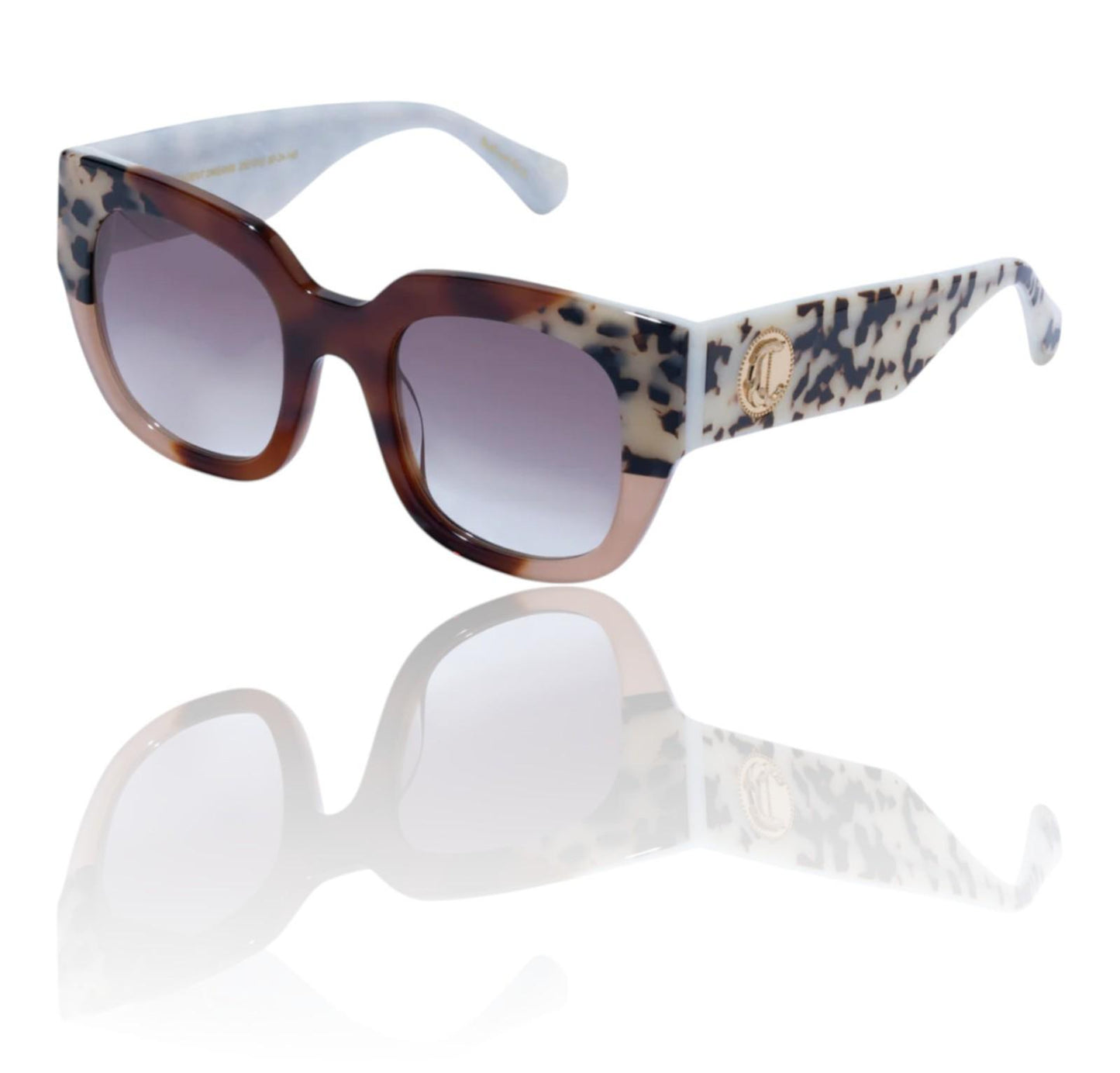 Sunglasses with tortoiseshell frame and floral pattern on arm against a white background