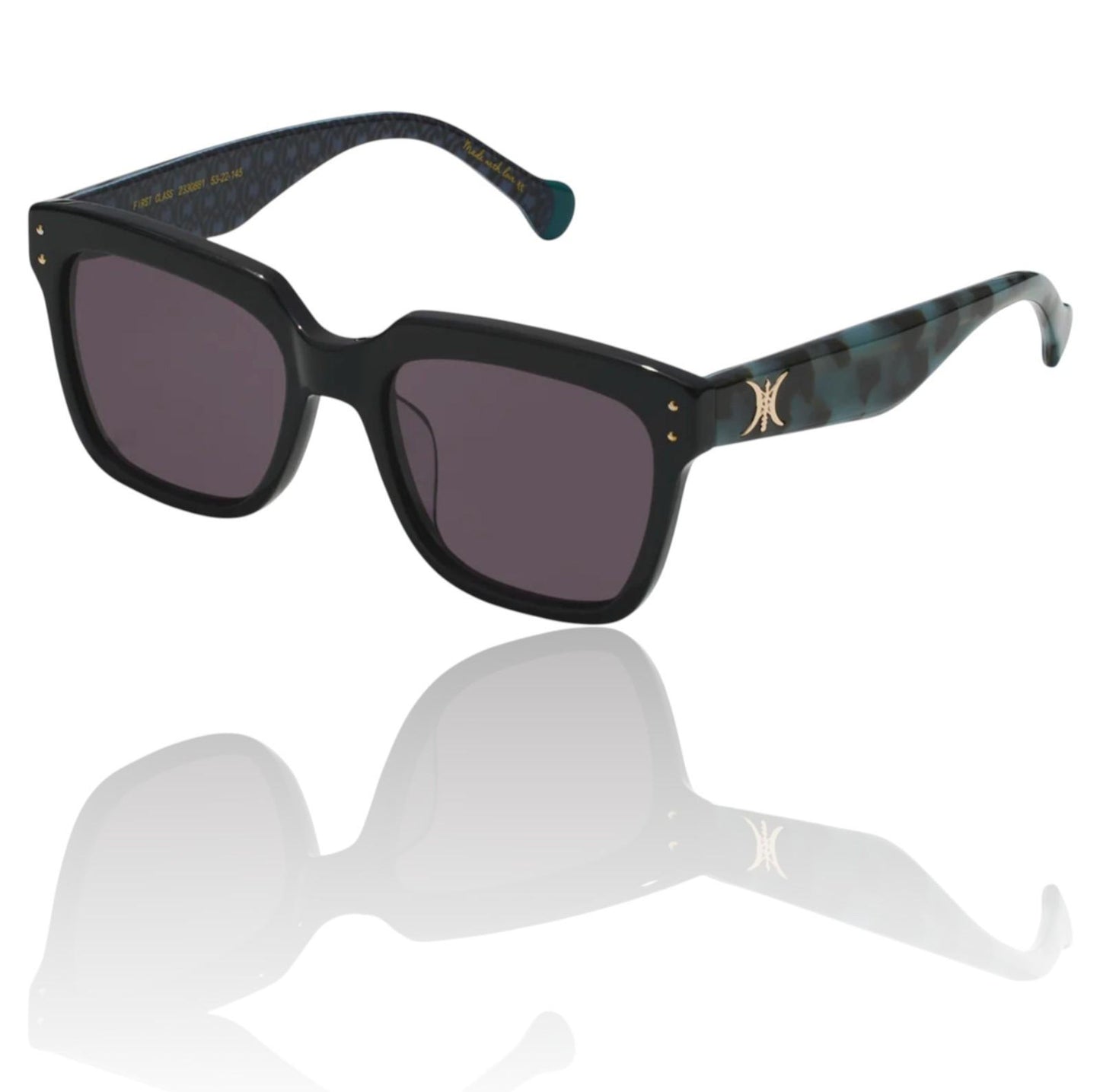 Black sunglasses with a reflective surface on a white background