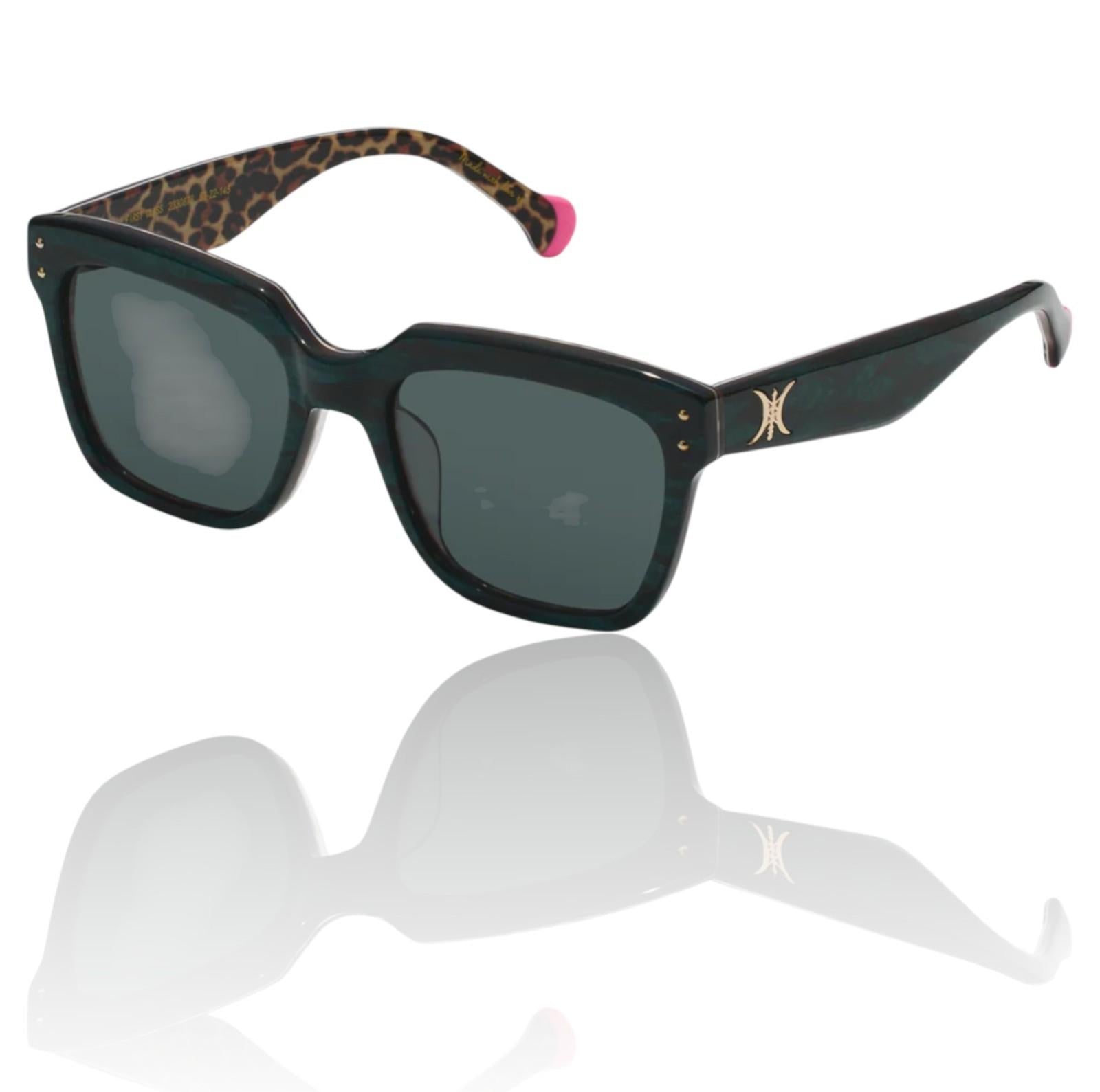 Sunglasses with leopard print arm and pink button on a white background