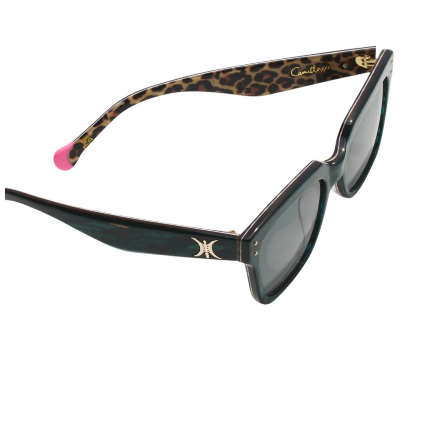 Sunglasses with leopard print arms on a white background