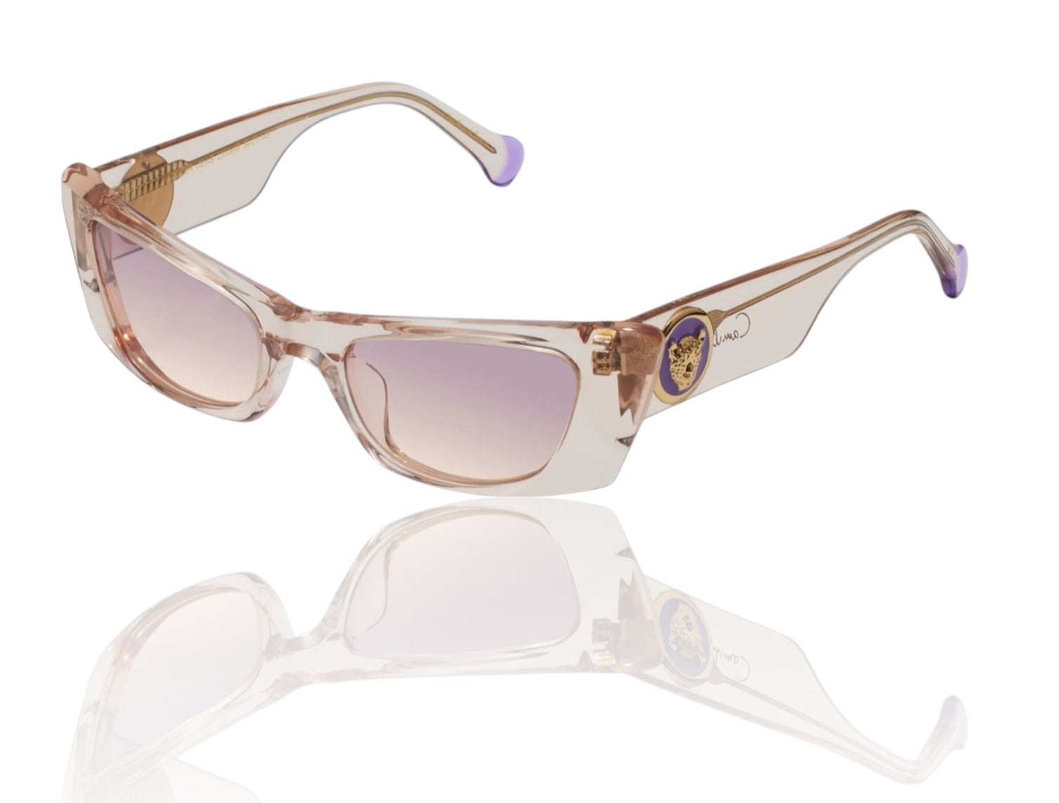A pair of Camilla Harbour View sunglasses with clear pink and lilac acetate frames, featuring a CAMILLA logo on the temple.