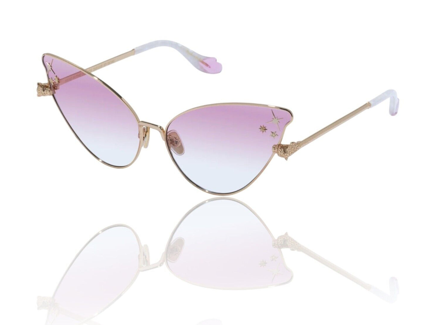 A pair of gold metal framed sunglasses with cat eye butterfly shape and pink gradient lenses.