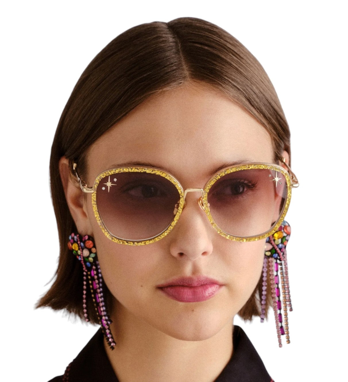 Sunglasses with gold frame and colorful tassels on a white background