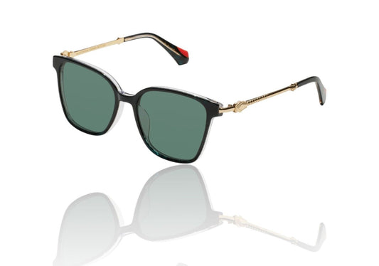 A pair of bottle green leopard print sunglasses with a D-frame and metal acetate temples, featuring intricate gold detailing.