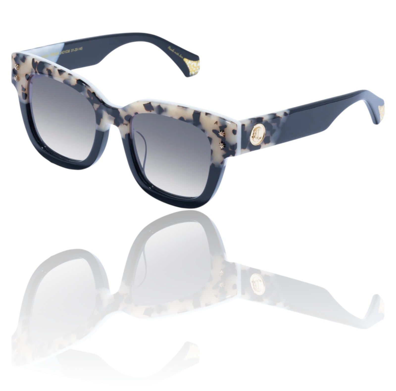 Sunglasses with blue and patterned frame on a white background