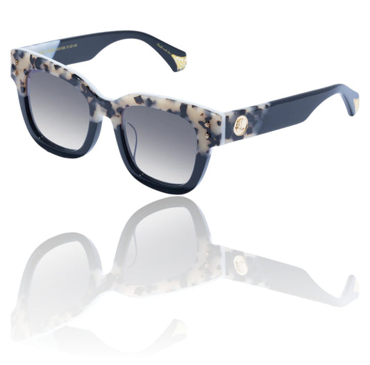 Sunglasses with blue and patterned frame on a white background