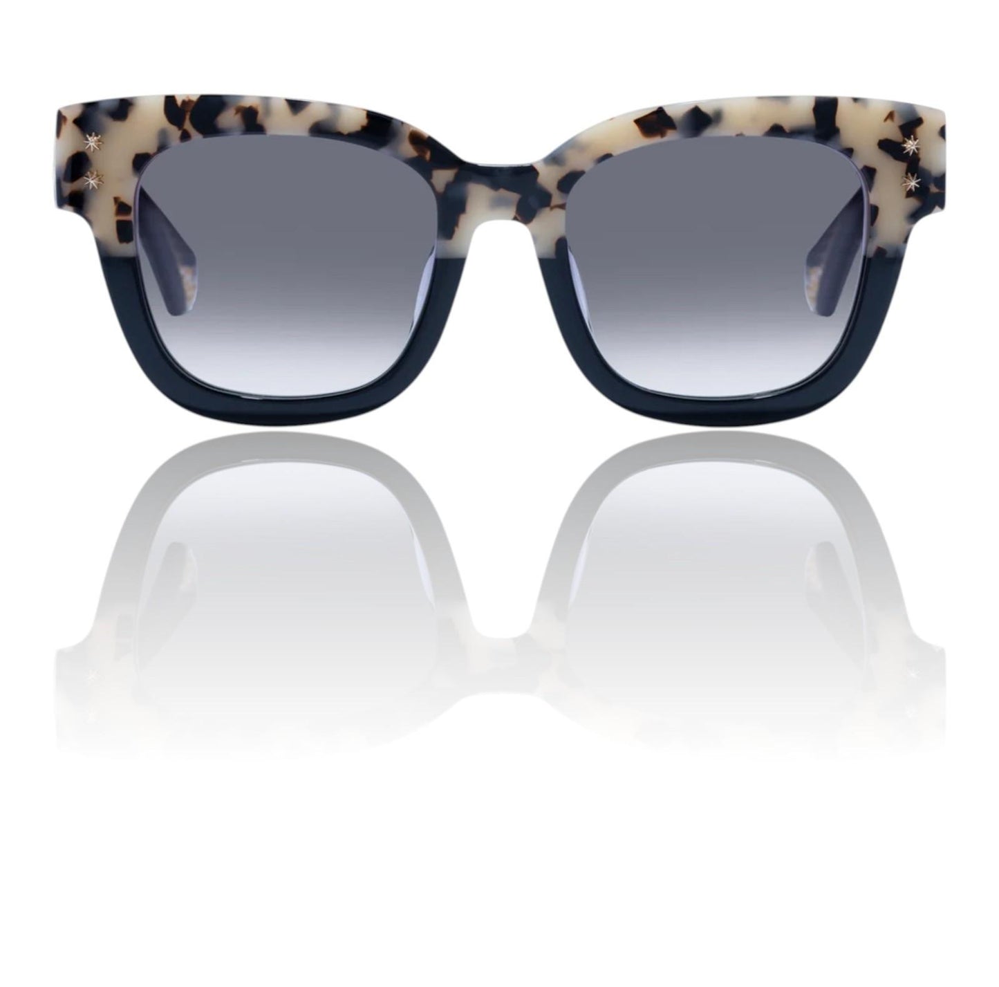Sunglasses with a tortoiseshell frame and dark lenses on a white background