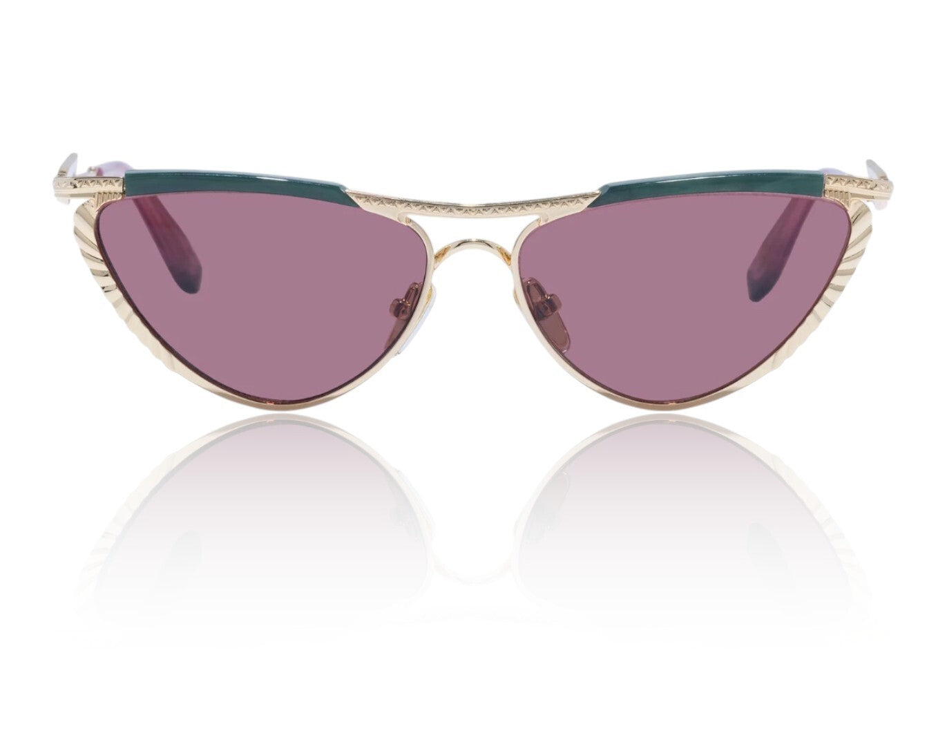 Cat-eye sunglasses with gold frame and purple lenses on a white background