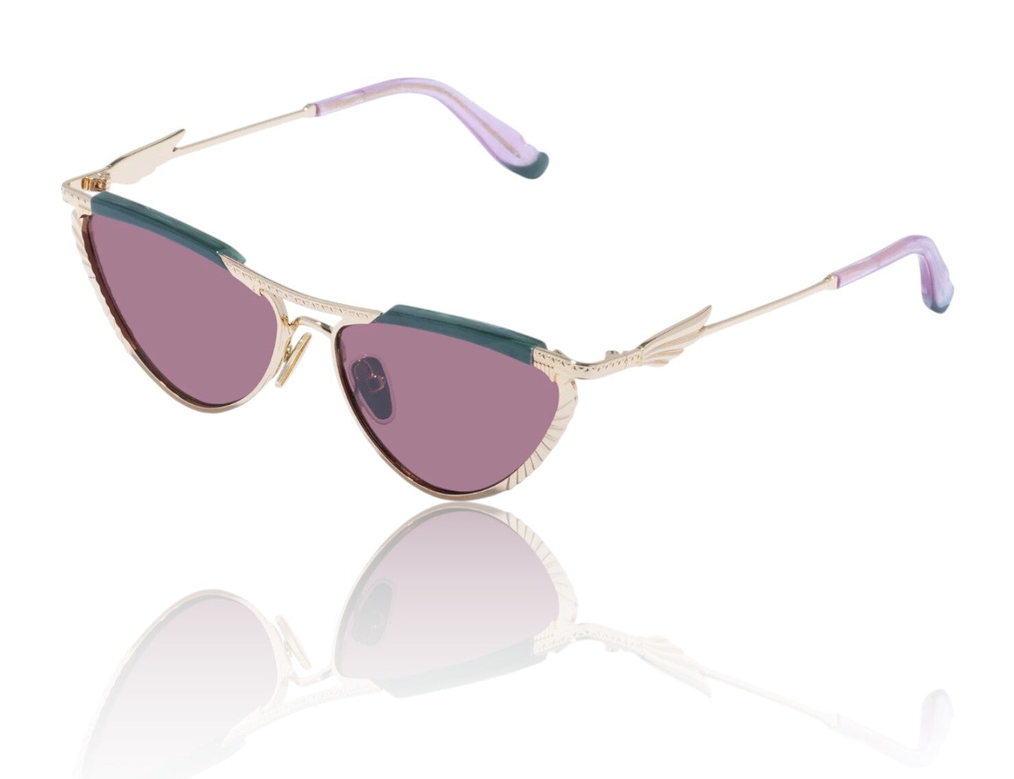 Sunglasses with gold frame and purple lenses on a white background
