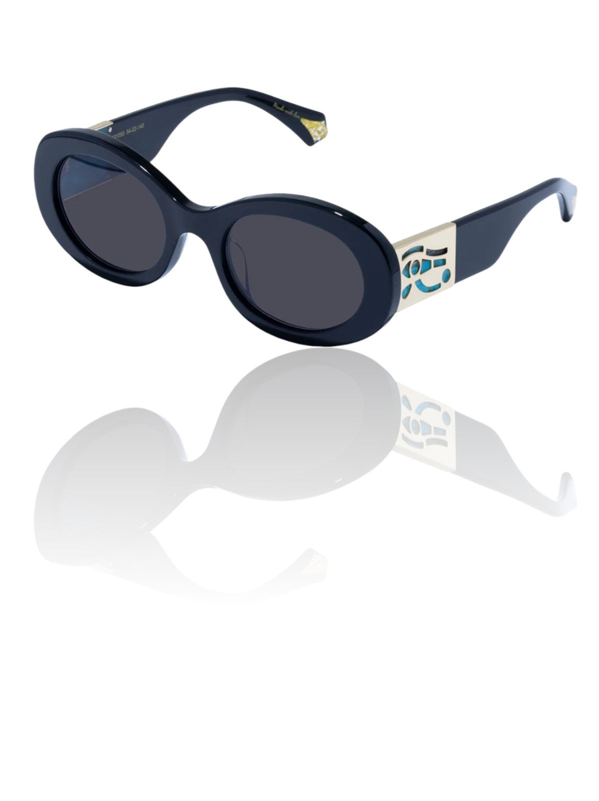 Sunglasses with a blue frame and dark lenses, accompanied by a clear lens for replacement.