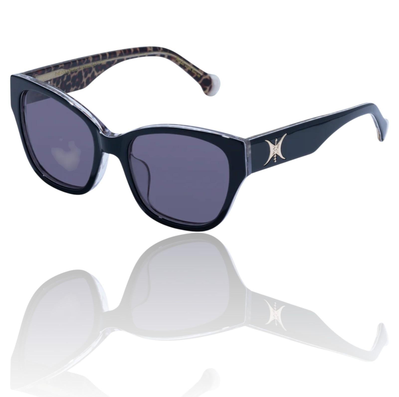 Black sunglasses with a reflective surface on a white background