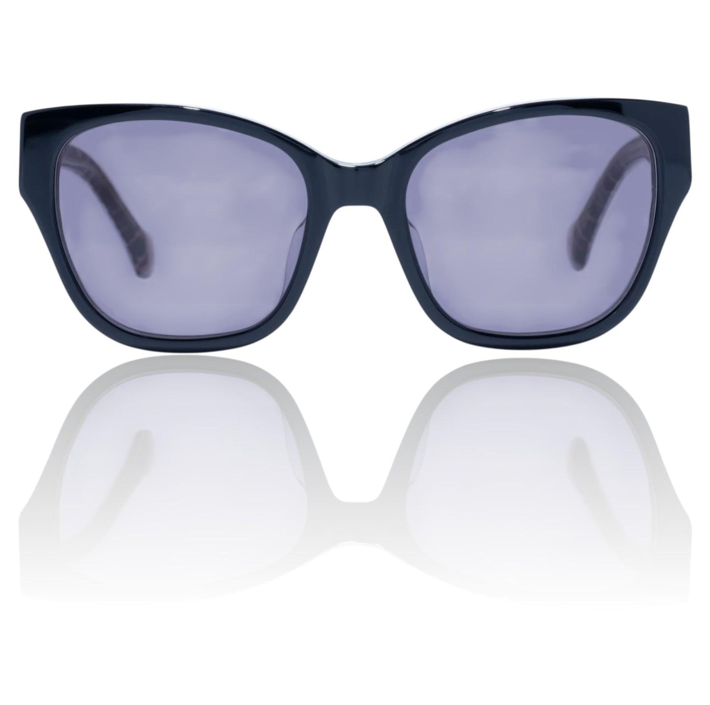 Black cat-eye sunglasses with purple lenses on a white background