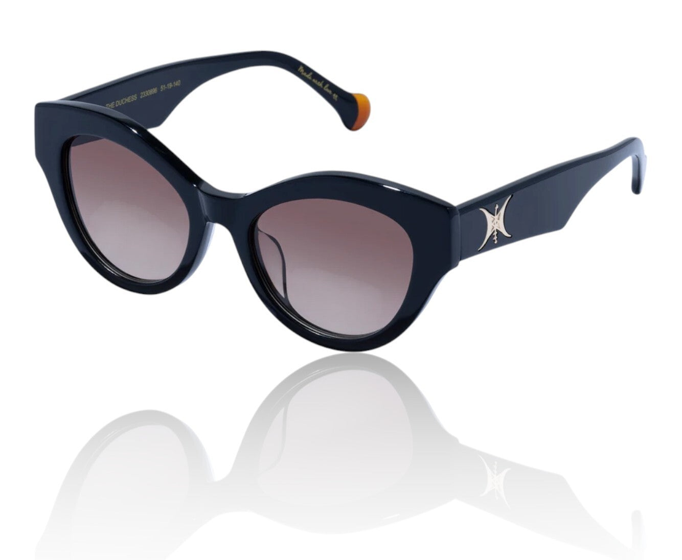 Black cat-eye sunglasses with a reflective surface on a white background