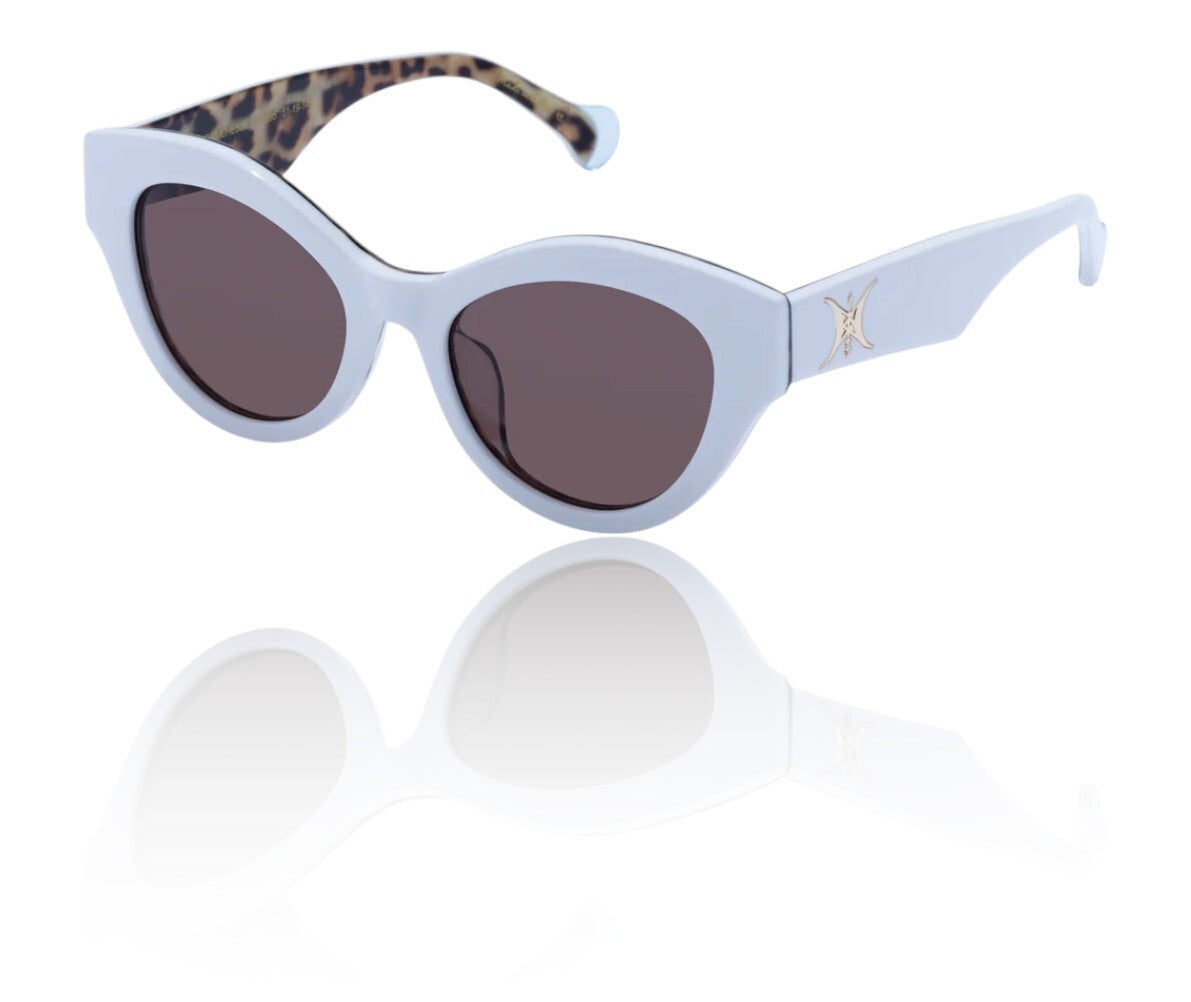 Sunglasses with white frame and dark lenses on a white background