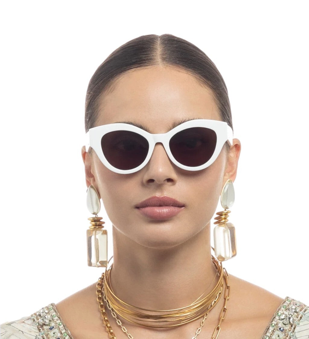 Woman wearing white sunglasses with a plain background