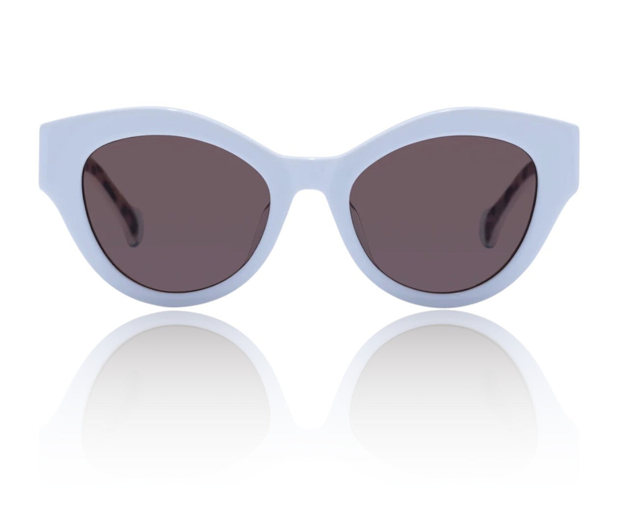 Sunglasses with light blue frame and dark lenses on a white background