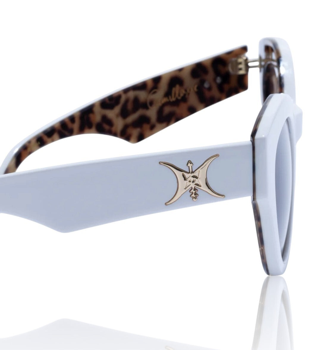 Sunglasses with white frame and leopard print arm on a white background