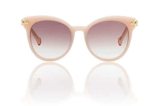 A pair of ballet cream/ivory oversized cat eye/round sunglasses with gold leopard lug detailing on the temples.