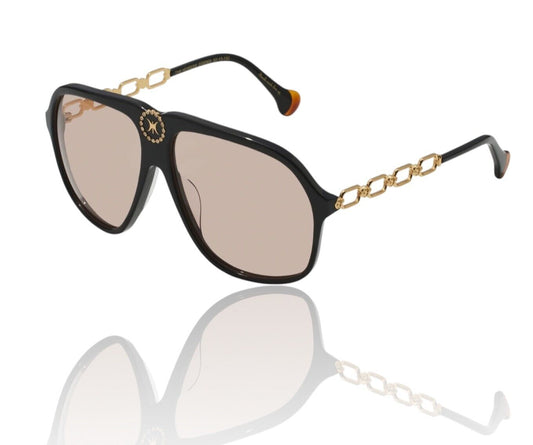 Black acetate oversized aviator sunglasses with gold metal link arms and tan lenses.