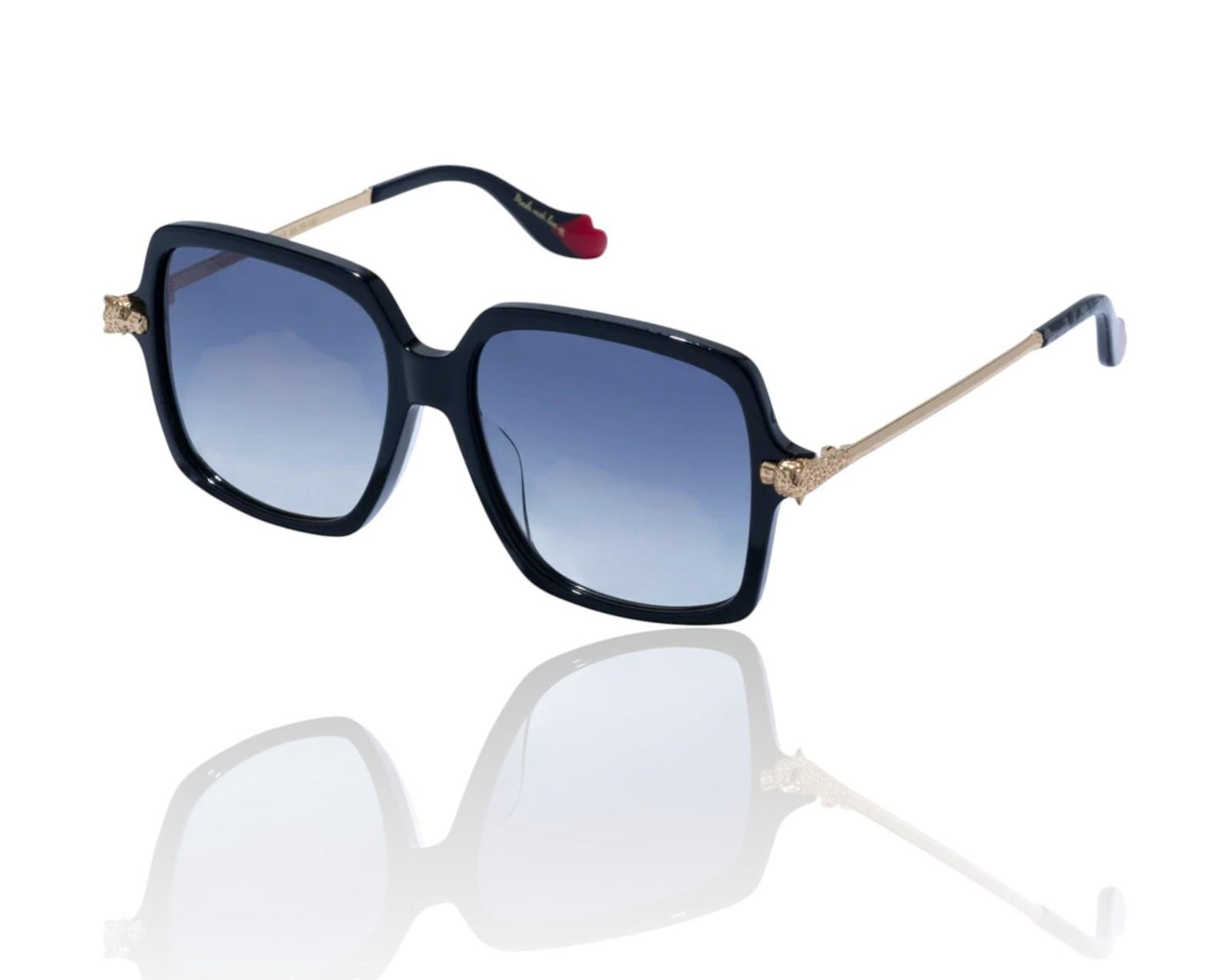 Sunglasses with black frame and blue gradient lenses on a white background