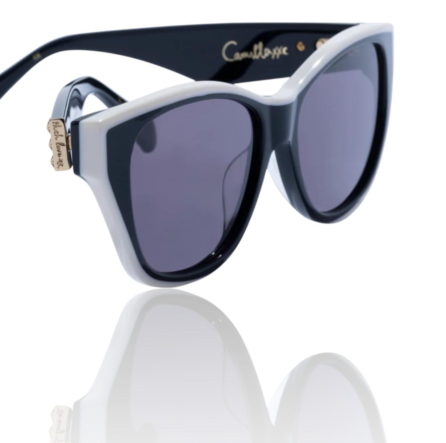 Black and white sunglasses with dark lenses on a white background