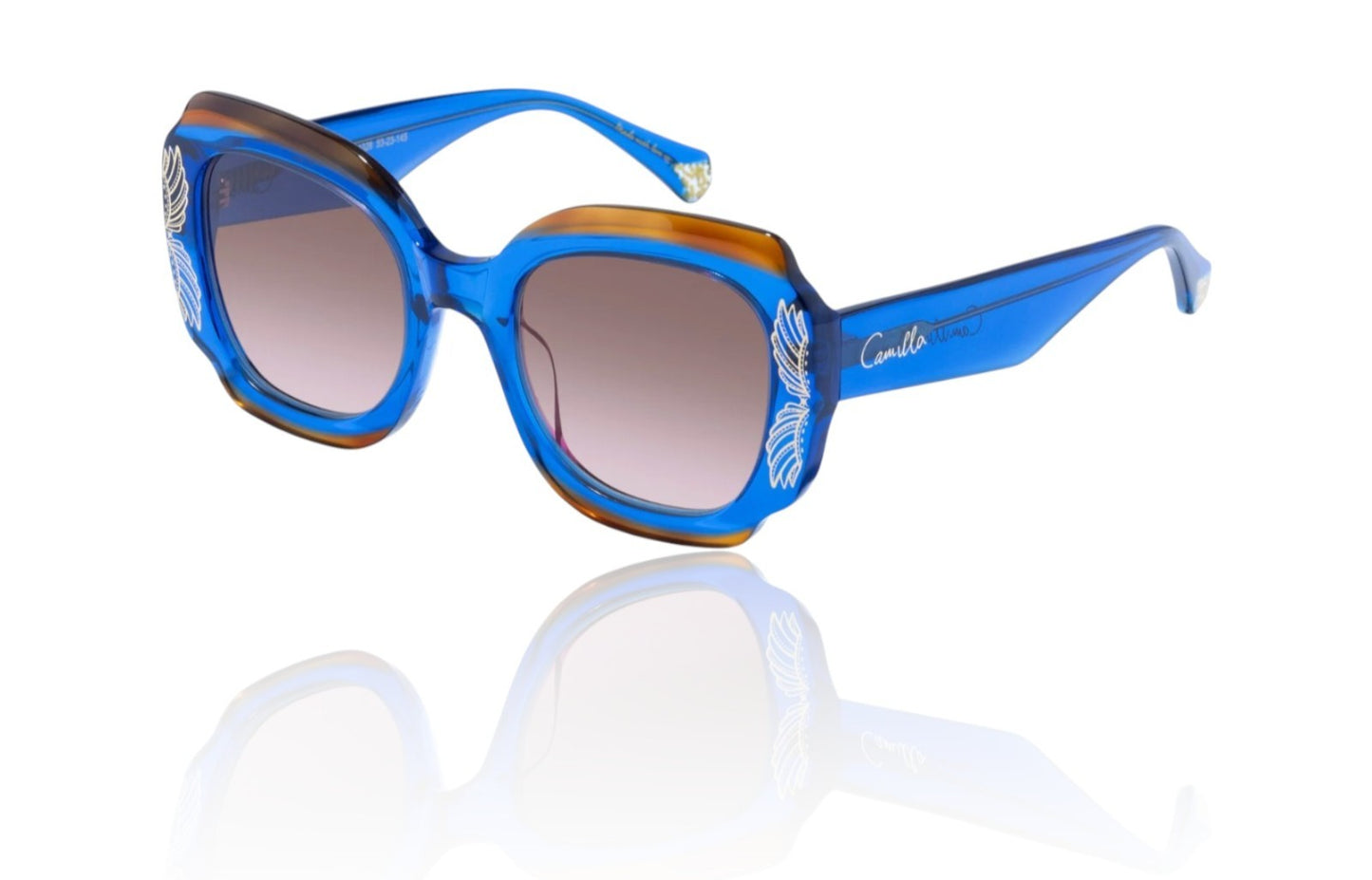 Blue sunglasses with a reflective surface on a white background