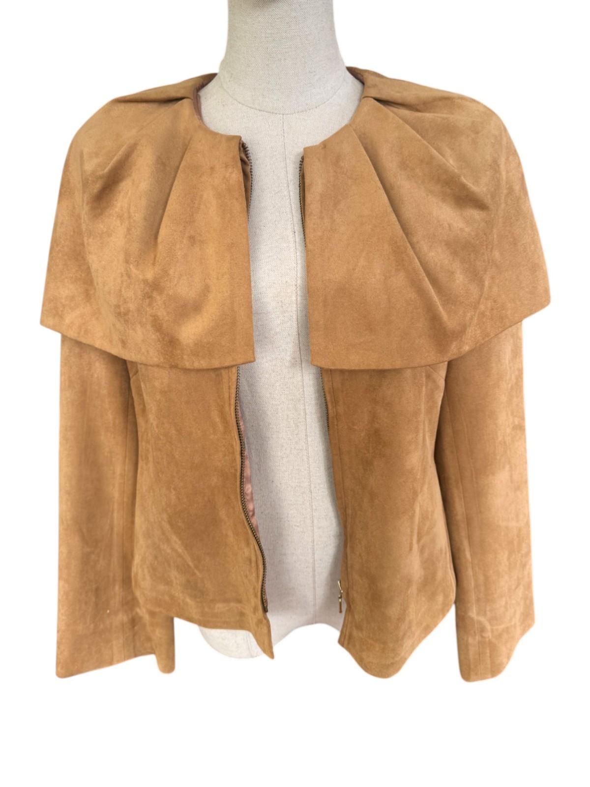 Carla Zampatti Suede-Effect Caped Jacket | Camel/Brown, Sz 10, Zipper, Lined
