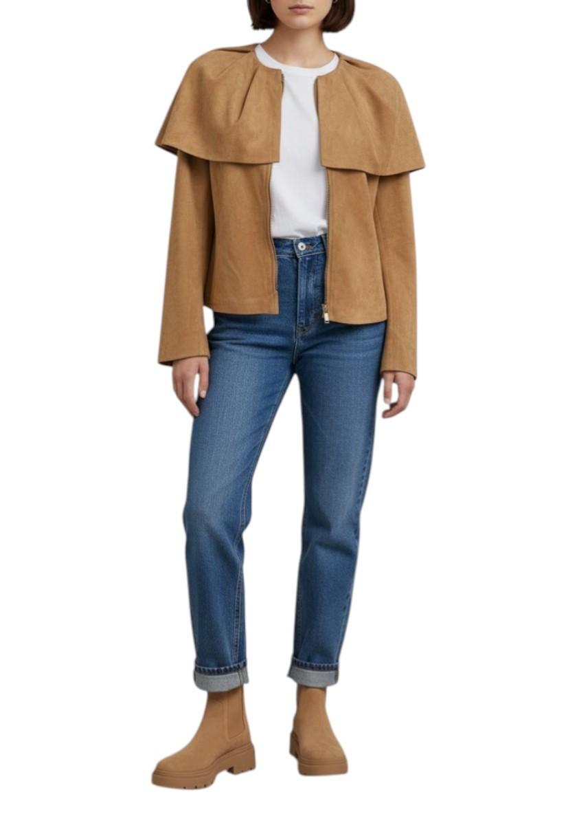 AI generated image of woman wearing a suede camel cape jacket 