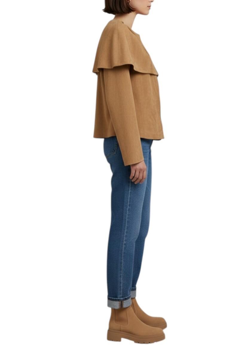 AI generated image of woman wearing a suede camel cape jacket 