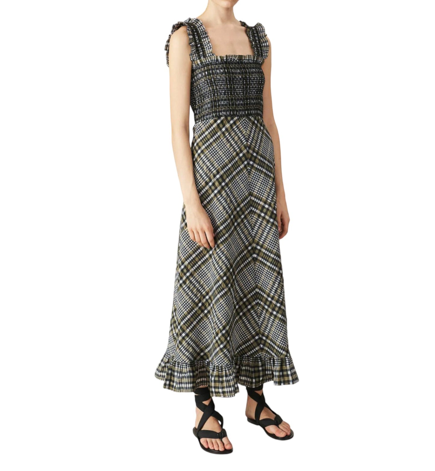 Naked Pear GANNI seersucker midi dress in black, white, and grey gingham with a shirred bodice and ruffled hem.