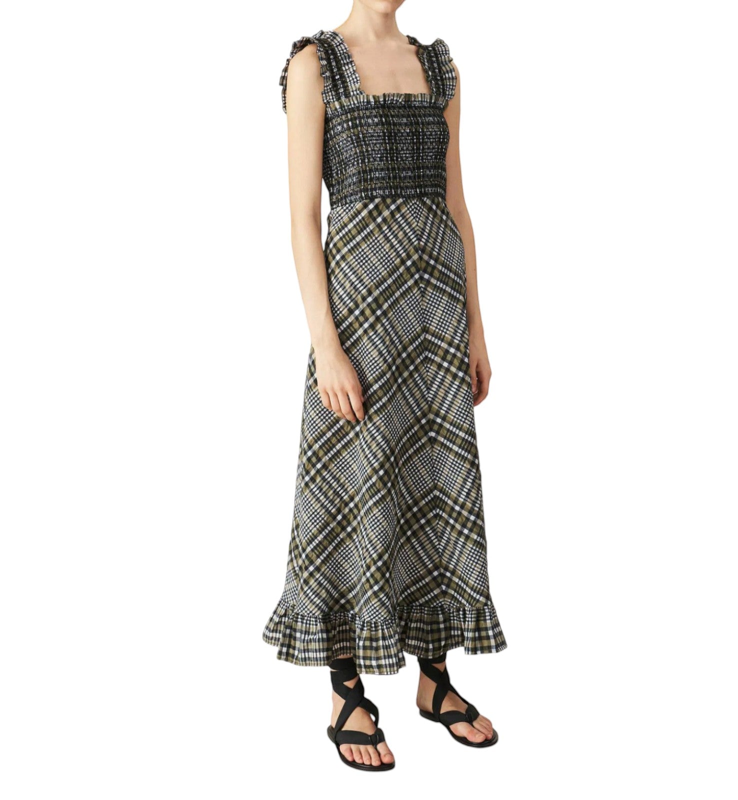 Naked Pear GANNI seersucker midi dress in black, white, and grey gingham with a shirred bodice and ruffled hem.