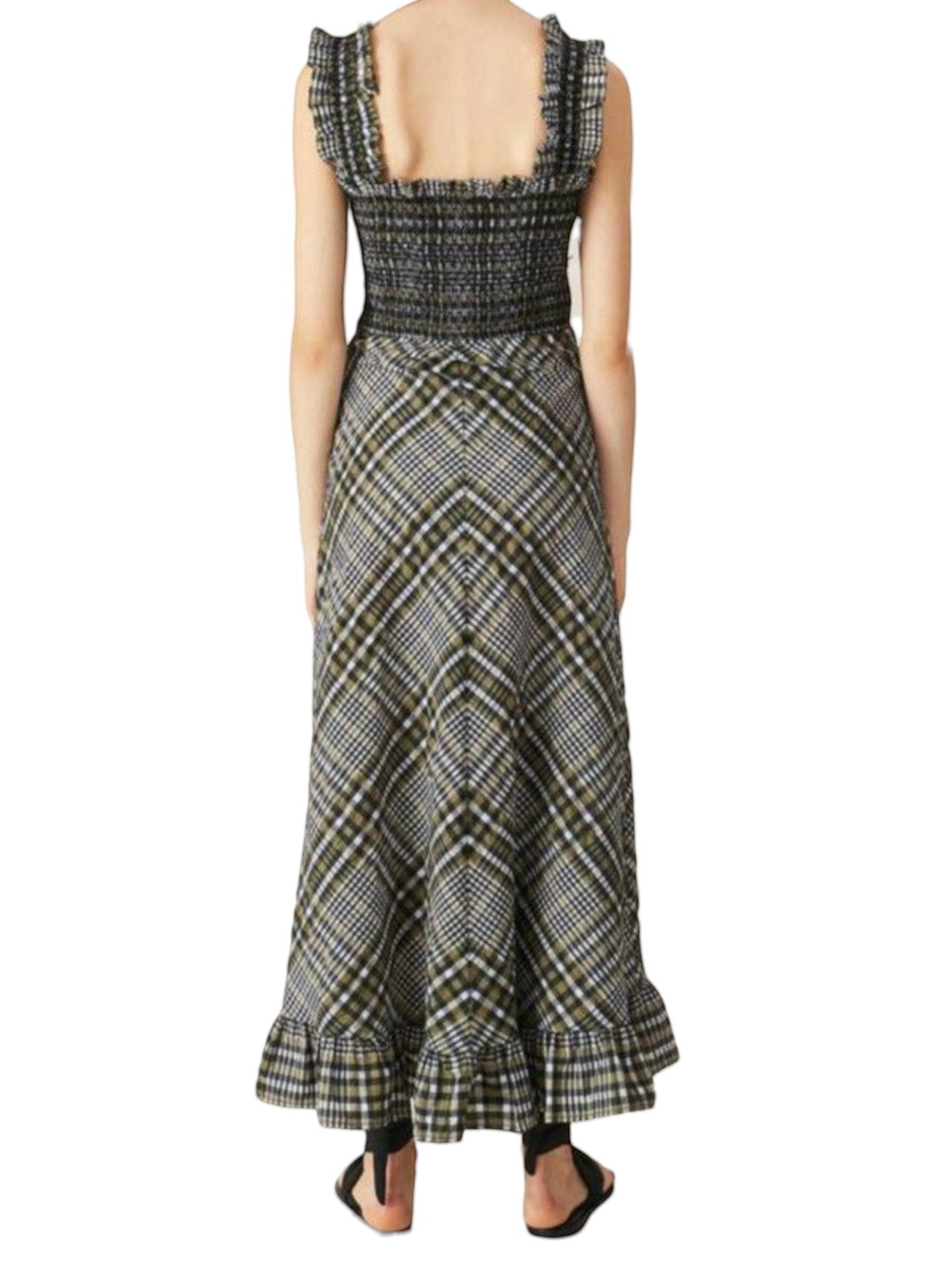 Back view of Naked Pear GANNI seersucker midi dress in black, white, and grey gingham with shirred bodice and ruffled hem