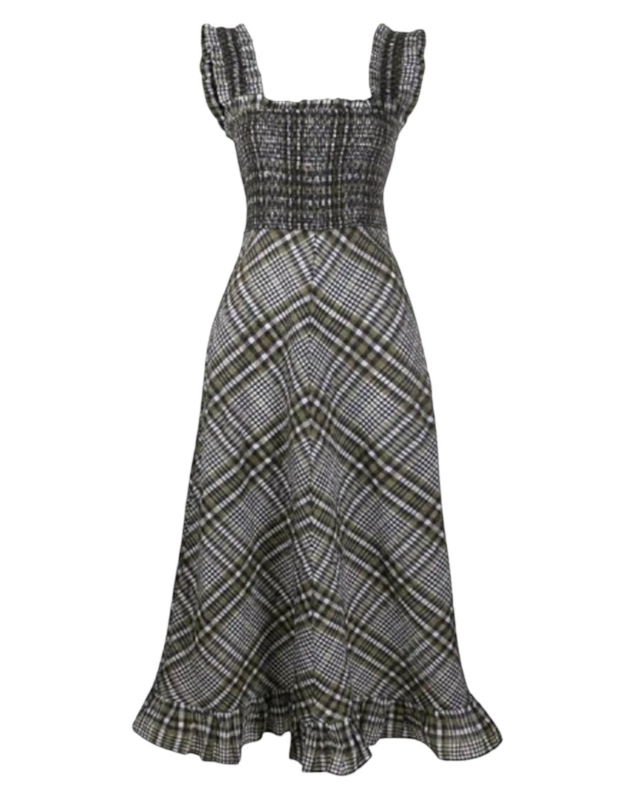 Naked Pear GANNI seersucker midi dress in black, white, and grey gingham with a shirred bodice and ruffled hem.