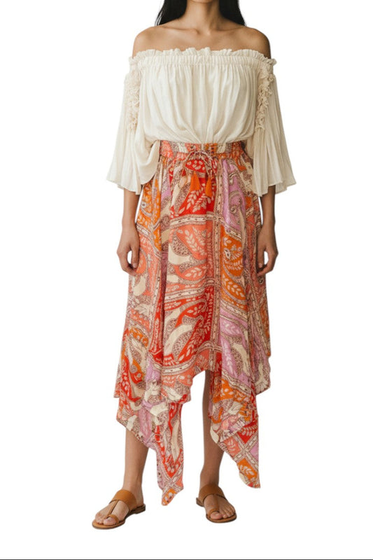 AI generated image of Woman wearing a white off-shoulder top and colorful patterned skirt on a white background