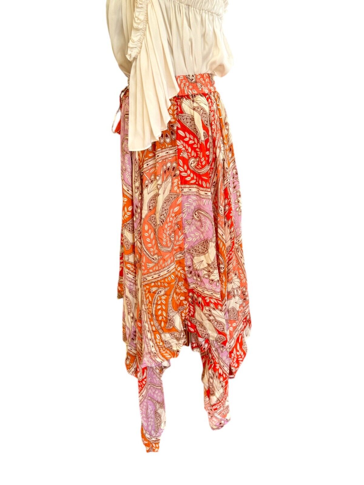 HANNAH ARTWEAR Delila Midi Skirt |100% Silk, Orange/Red Floral Print, Drawstring