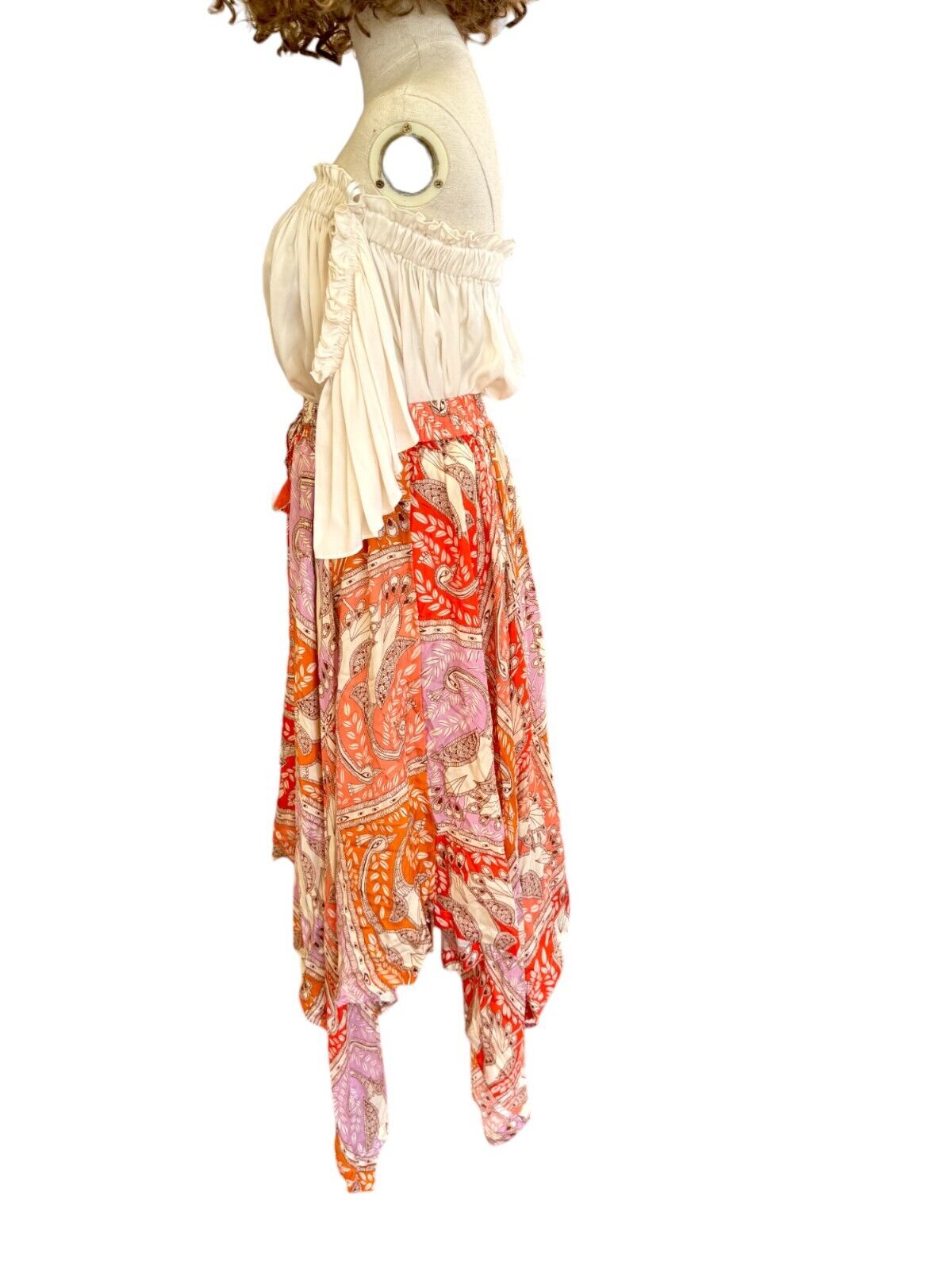 HANNAH ARTWEAR Delila Midi Skirt |100% Silk, Orange/Red Floral Print, Drawstring