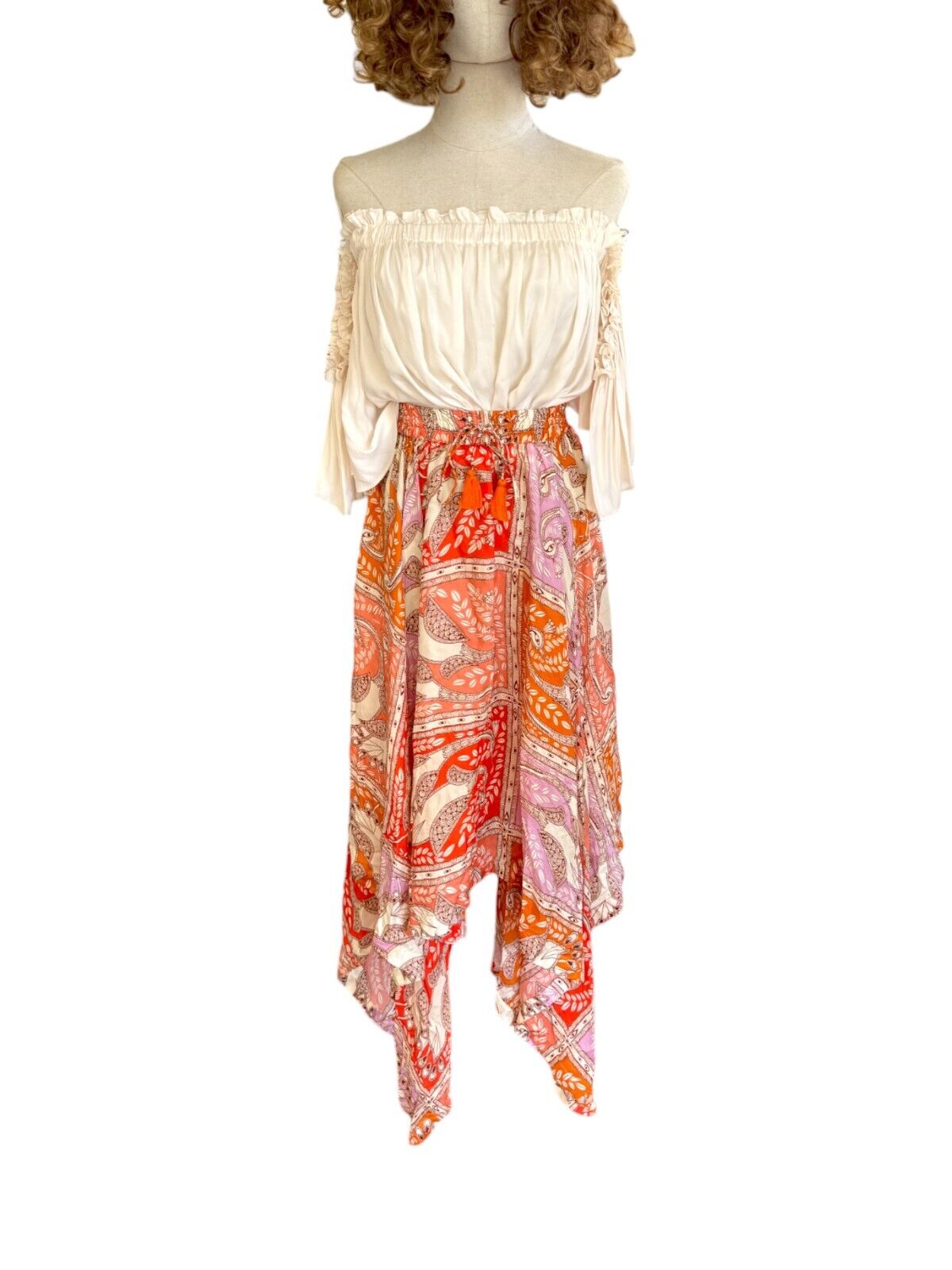HANNAH ARTWEAR Delila Midi Skirt |100% Silk, Orange/Red Floral Print, Drawstring