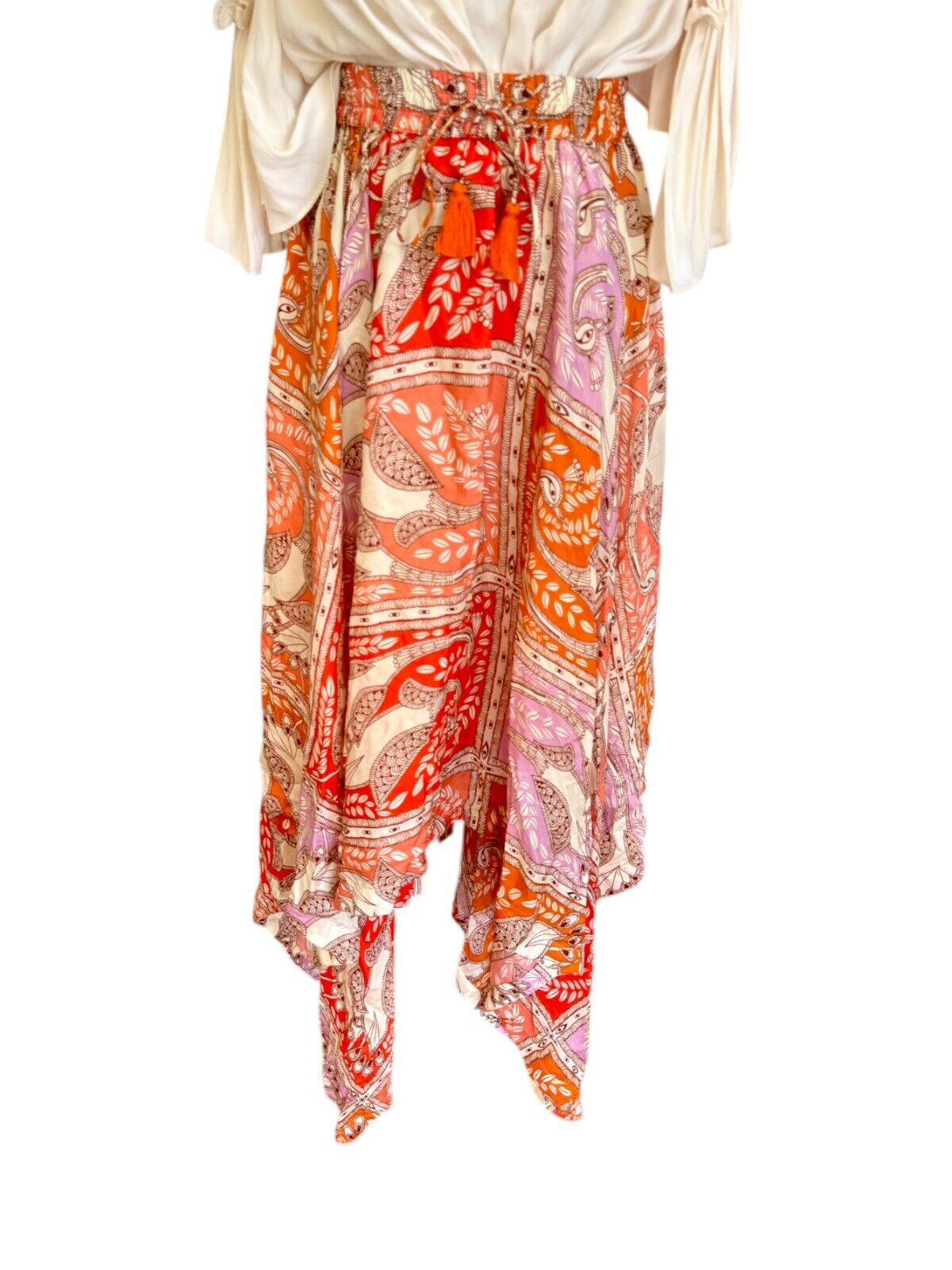 HANNAH ARTWEAR Delila Midi Skirt |100% Silk, Orange/Red Floral Print, Drawstring