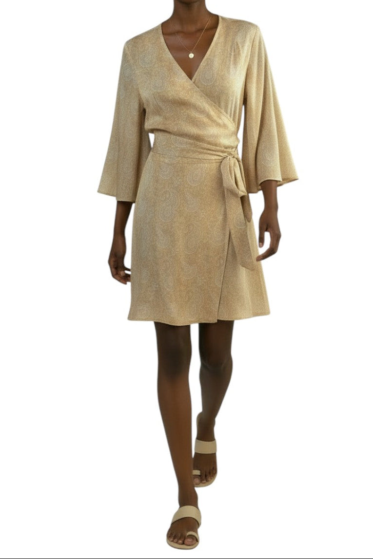 AI generated image of Woman wearing a beige wrap dress on a white background