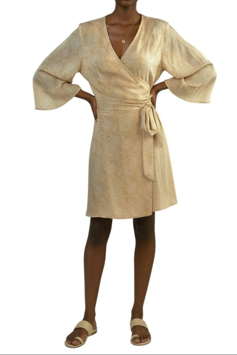 AI generated image of Woman wearing a beige dress with wide sleeves on a white background