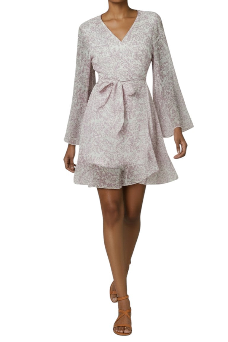 AI generated image of Woman wearing a light gray dress with bell sleeves on a white background