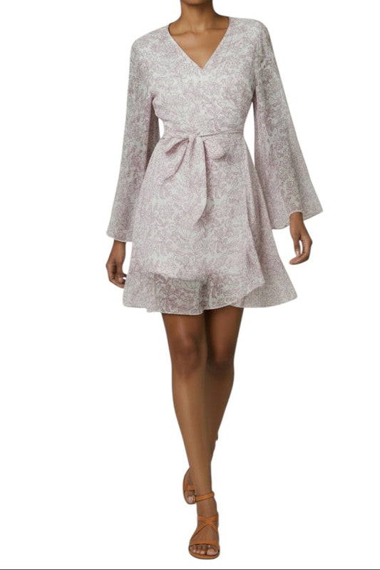 AI generated image of Woman wearing a light gray dress with bell sleeves on a white background